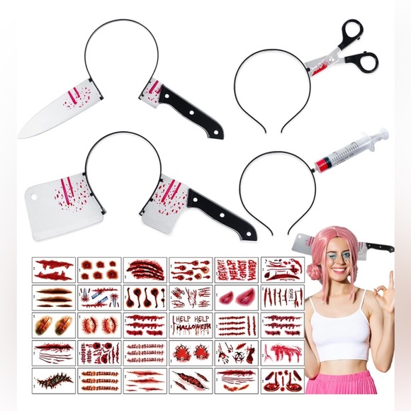 NEW HALLOWEEN HEADBANDS SET WITH REALISTIC TATTOOS - Picture 1 of 2